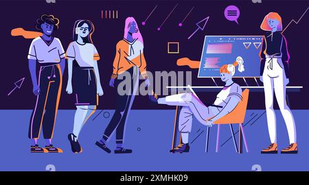 Team aus verschiedenen jungen Fachleuten in Freizeitkleidung, die in einem modernen Büro mit digitaler Schnittstelle und abstrakten Elementen zusammenarbeiten Stock Vektor