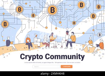 Krypto Community Menschen diskutieren Bitcoin Netzwerktechnologie digitale Währung sitzen zusammen Laptops Mobilgeräte minimalistischer Line Art Stil Stock Vektor