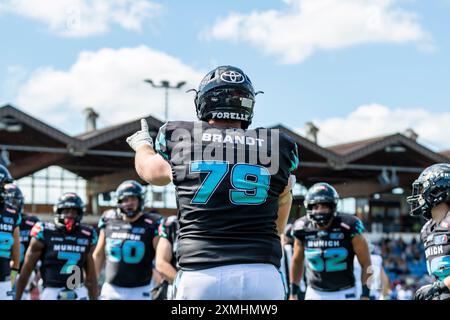 Touchdown-Celebration von Gerrit Brandt (Munich Ravens #79) GER, Munich Ravens vs Milano Seamen, Amerian Football, elf, Woche 4, Saison 2024, 28.07.2024, Foto: Eibner-Pressefoto/Florian Wolf Stockfoto