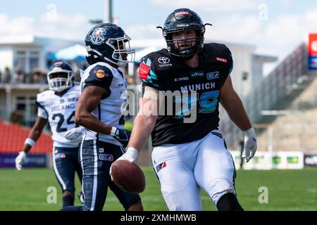 Touchdown Gerrit Brandt (Munich Ravens #79) GER, Munich Ravens vs Milano Seamen, Amerian Football, elf, Woche 4, Saison 2024, 28.07.2024, Foto: Eibner-Pressefoto/Florian Wolf Stockfoto