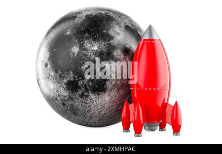 Auf den Mond, Konzept. Mond mit Raketenschiff. 3D-Rendering isoliert auf weißem Hintergrund Stockfoto
