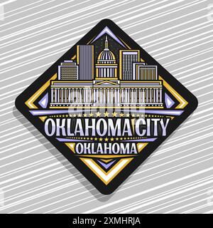 Vektor-Logo für Oklahoma City, schwarzes dekoratives Rautenstrassenschild mit Linienillustration der berühmten oklahoma Stadtlandschaft, Kunst Design Kühlschrank Magnet wi Stock Vektor