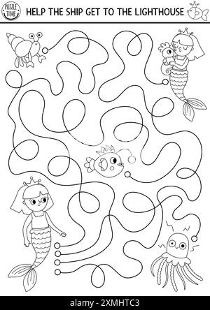 Meerjungfrau schwarz-weiß Labyrinth für Kinder mit Seepferdchen, Krabben, Fischen, Quallen. Druckbare Aktivität auf See. Märchenhaftes Meeresreich Labyrinth Spiel, Colorin Stock Vektor