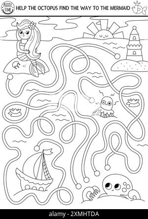 Meerjungfrauen schwarz-weiß Labyrinth für Kinder mit Lagunenlandschaft. Druckbare Aktivität auf See. Ocean Kingdom Labyrinth Spiel, Ausmalseite. Zeilenarbeitsblatt wi Stock Vektor