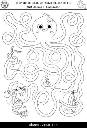 Meerjungfrau schwarz-weißes Labyrinth für Kinder geformt wie Kraken Tentakel mit Schiff. Druckbare Aktivität auf See. Märchenhaftes Ozeanreich Labyrinth Spiel, Colori Stock Vektor