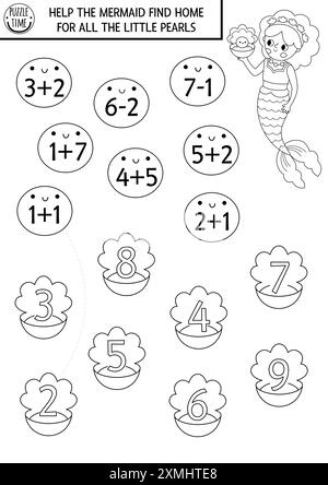 Zählen Sie das schwarz-weiße Meerjungfrauenspiel mit Meeresprinzessin, Perlen und Muscheln. Ocean Kingdom Mathematik-Aktivität für Kinder. Unterrichtswesen Stock Vektor