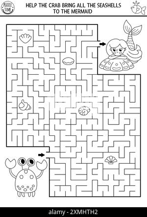 Meerjungfrauen-Labyrinth in Schwarz und weiß für Kinder mit Krabben mit Muscheln. Druckbare Aktivität auf See. Märchenlinie Ozean Königreich geometrisches Labyrinth Spiel, Co Stock Vektor