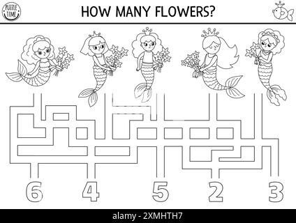 Meerjungfrauen-Schwarzweiß-Zähllabyrinth für Kinder mit Algen-Blumensträußen. Druckbare Aktivität auf See, Ausmalseite. Ozean Königreich Linie Labyrinth GA Stock Vektor