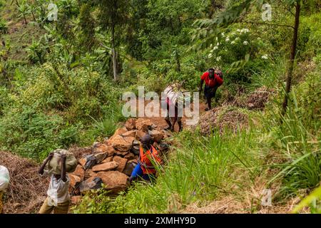 MOUNT ELGON, UGANDA - 26. FEBRUAR 2020: Einheimische auf einem Landweg in der Nähe des Mount Elgon, Uganda Stockfoto