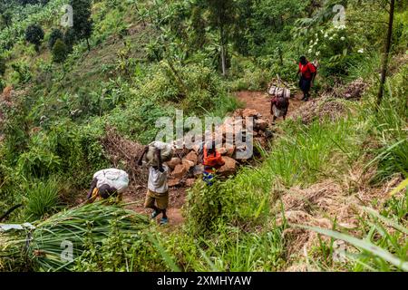 MOUNT ELGON, UGANDA - 26. FEBRUAR 2020: Einheimische auf einem Landweg in der Nähe des Mount Elgon, Uganda Stockfoto