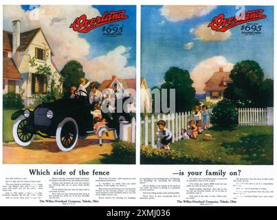 1916 der Werbespot „Willys-Overland Roadster Car“ – „auf welcher Seite des Zauns – steckt Ihre Familie?“ Stockfoto