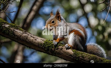 Ein Blick auf ein Eichhörnchen, das auf einem Baum sitzt. Stockfoto