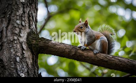 Ein Blick auf ein Eichhörnchen, das auf einem Baum sitzt. Stockfoto