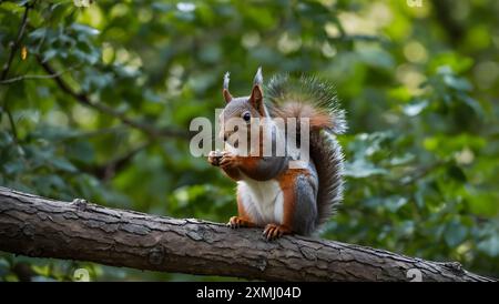 Ein Blick auf ein Eichhörnchen, das auf einem Baum sitzt. Stockfoto