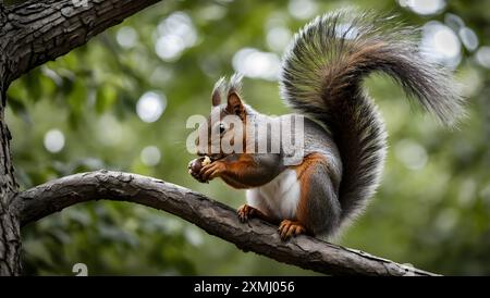 Ein Blick auf ein Eichhörnchen, das auf einem Baum sitzt. Stockfoto