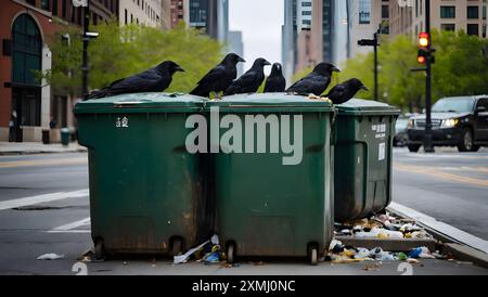 Der Anblick von Krähen, die auf umgekippten Mülltonnen in der Stadt sitzen. Stockfoto