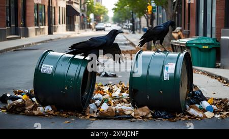 Der Anblick von Krähen, die auf umgekippten Mülltonnen in der Stadt sitzen. Stockfoto