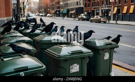 Der Anblick von Krähen, die auf umgekippten Mülltonnen in der Stadt sitzen. Stockfoto