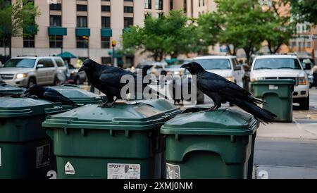 Der Anblick von Krähen, die auf umgekippten Mülltonnen in der Stadt sitzen. Stockfoto