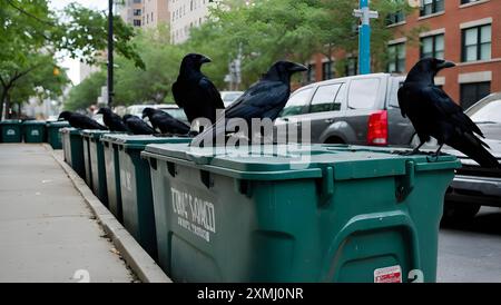 Der Anblick von Krähen, die auf umgekippten Mülltonnen in der Stadt sitzen. Stockfoto