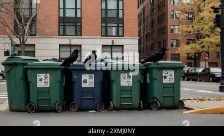 Der Anblick von Krähen, die auf umgekippten Mülltonnen in der Stadt sitzen. Stockfoto