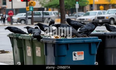 Der Anblick von Krähen, die auf umgekippten Mülltonnen in der Stadt sitzen. Stockfoto