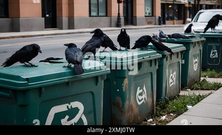 Der Anblick von Krähen, die auf umgekippten Mülltonnen in der Stadt sitzen. Stockfoto