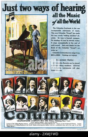 1913 Columbia Grand Grafonola Phonograph Werbespot - „nur zwei Möglichkeiten, die Musik aus der ganzen Welt zu hören“ Stockfoto