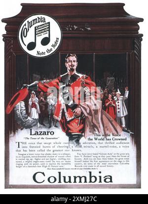 1917 Columbia Records Ad - Lazaro der Tenor der Generation Stockfoto