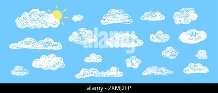 Set abstrakter Bleistiftwolken. Handgezeichneter Cartoon bewölkter Himmel und Sonne. Vektor-Illustration der Sammlung von weißem Wirbel auf blauem Hintergrund. Nachahmung von Stock Vektor