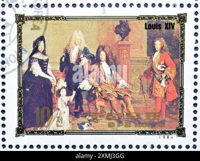 Von Nordkorea gedruckte gestempelte Briefmarke, die Ludwig XIV. Zeigt, Porträts europäischer Herrscher, um 1984. Stockfoto