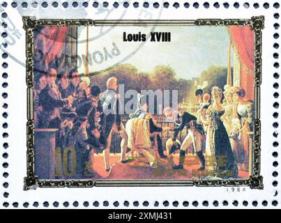 Von Nordkorea gedruckte gestempelte Briefmarke, die Louis XVIII. Zeigt, Porträts europäischer Herrscher, um 1984. Stockfoto