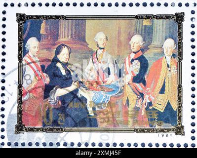 Von Nordkorea gedruckte gestempelte Briefmarke, die Maria Theresia zeigt, Porträts europäischer Herrscher, um 1984. Stockfoto