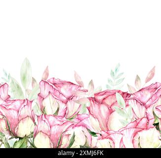 Horizontaler nahtloser Rand aus rosafarbenen Rosen und Blättern. Aquarellabbildung auf weißem Hintergrund. Isoliertes Muster, handgezeichnet. Geeignet für Grußkarten, Scrapbooks und Textilien. Stockfoto