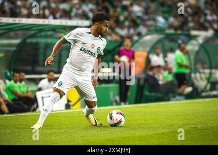 Lissabon, Portugal. Juli 2024. Marcus Edwards von Sporting CP wurde während des Freundschaftsspiels zwischen Sporting CP und Athletic Club im Estadio Jose Alvalade in Aktion gesehen. Endstand; Sporting CP 3:0 Athletic Club. (Foto: Henrique Casinhas/SOPA Images/SIPA USA) Credit: SIPA USA/Alamy Live News Stockfoto