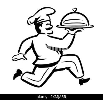 Der Chefkoch hat ein Gericht auf dem Tablett. Logo für Food Delivery Service. Restaurant, Café Menü Emblem Vektor Illustration Stock Vektor