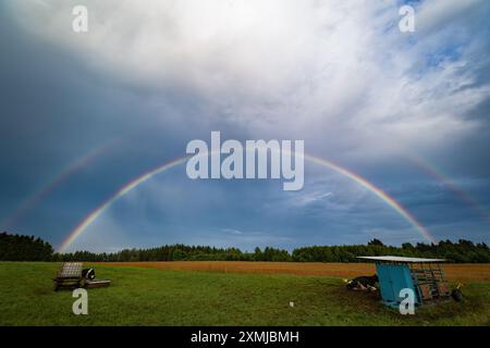 Zwei Regenbögen nach einem Sturm über einer Weide, mit Kühen, einem Wasserloch, einem Futtertrog. Stockfoto
