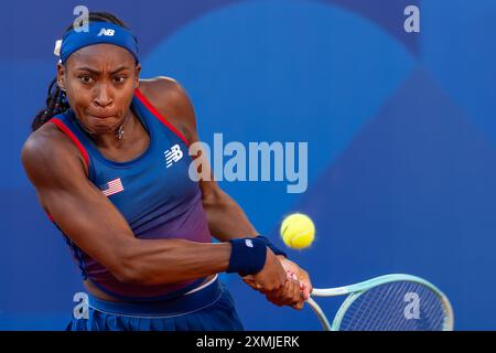 Paris, Frankreich. Juli 2024. PARIS, FRANKREICH - 28. JULI: Cori Coco Gauff von Team USA tritt 2024 am 28. Juli 2024 in Paris im Singles der Frauen an. (Foto: Joris Verwijst/BSR Agency) Credit: BSR Agency/Alamy Live News Stockfoto