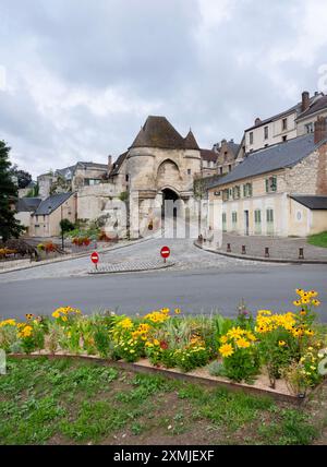 Alte Steinmauern und porte d'ardon der alten mittelalterlichen Festungsstadt Laon im Norden frankreichs mit Blumen im Vordergrund Stockfoto