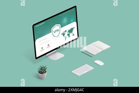 Computerdisplay mit einem VPN-Webseitenkonzept. Sichere Internetverbindung, Datenschutz und anonymes Surfen hervorgehoben Stockfoto