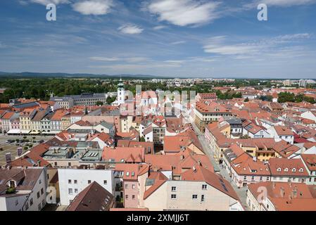 Luftbild von Ceske Budejovice, Stadt in Südmähren in der Tschechischen Republik am 27. Juli 2024 Stockfoto