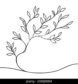 Baumzweig mit Blättern. Eine Linie durchgehende Verzweigung und Leaves. Isolierte Verzweigung der Linienart. Vektorgrafik umreißen Stock Vektor