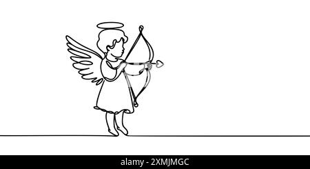 Durchgehende, einzeilige Zeichnung des kleinen Engels Cupid. Kleiner Engel mit Schleife durchgehende Einzeichenzeichnung. Vektorabbildung. Stock Vektor