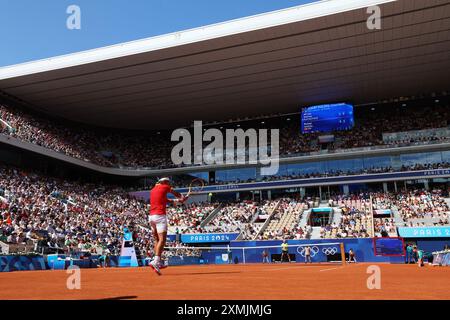 Paris, Frankreich. Juli 2024. Rafael Nadal (ESP) Tennis : 1. Runde der Olympischen Spiele 2024 in Paris im Stade Roland-Garros in Paris. Quelle: Yohei Osada/AFLO SPORT/Alamy Live News Stockfoto