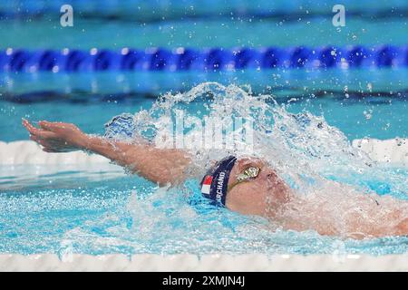 Paris, Frankreich. Juli 2024. Goldmedaillengewinner Leon Marchand aus Frankreich tritt am Sonntag, den 28. Juli 2024, im 400-m-Einzelfinale der Männer bei den Olympischen Spielen 2024 in Paris an. Foto: Richard Ellis/UPI. Quelle: UPI/Alamy Live News Stockfoto