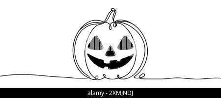 Durchgehende, einzeilige Zeichnung Halloween Kürbis Jack o Laterne. Vektor-Illustration Halloween Konzept Linie Kunst, Umrisssilhouette Stock Vektor