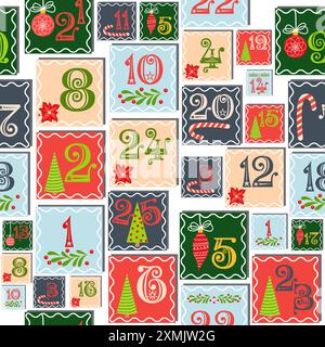 Weihnachten Adventskalender nahtloses Muster mit Gnom, Süßigkeiten kane, Mistel, Keksen, Urlaub, Kerze, Geschenk, Box, Weihnachtskranz, Stiefel, Weihnachten Stock Vektor