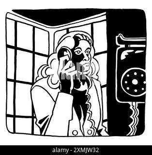 Quadratische Illustration in Tribut an Film Noir-Filme mit einer Frau, die in einer Telefonzelle die Polizei ruft, Schwarzweiß-Rendering Stockfoto