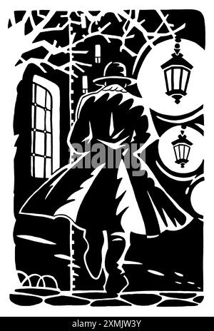 Vertikale Illustration in Hommage an Film Noir-Filme mit einem einsamen Mann mit Trenchcoat und Hut, der in einer großen, unbekannten Stadt, bla, spaziert Stockfoto