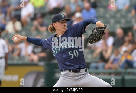 Chicago, Usa. Juli 2024. Der Starting Pitcher Bryce Miller (50) der Seattle Mariners wirft am Sonntag, den 28. Juli 2024, gegen die Chicago White Sox während des ersten Inning eines Spiels im garantierten Rate Field in Chicago, IL. Foto: Mark Black/UPI Credit: UPI/Alamy Live News Stockfoto